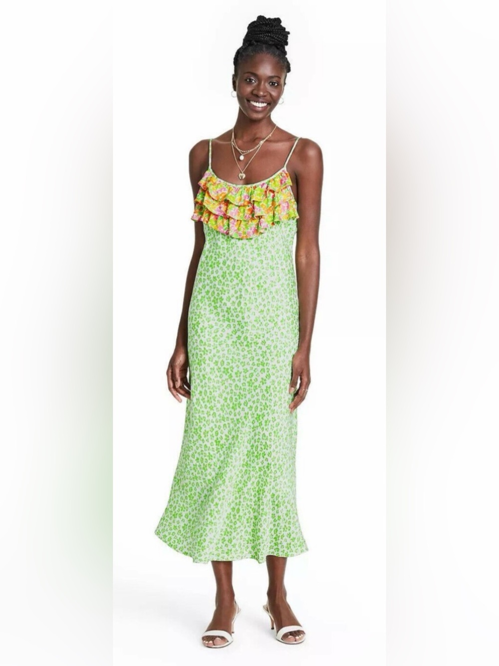 RIXO for Target Green Leopard Print Slip Dress with Pink Floral Ruffled Neckline
